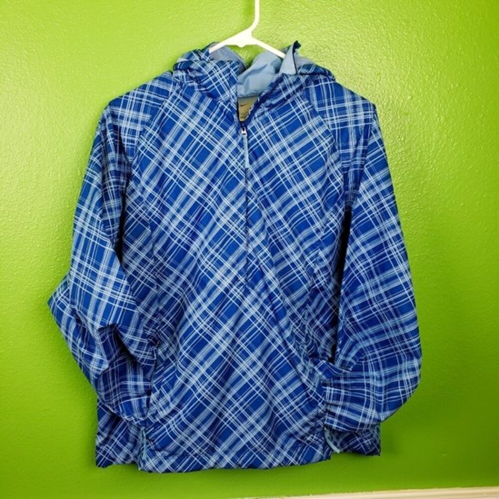 Nike Blue Plaid Hoodie Rain Breaker Zip Up Jacket size Medium